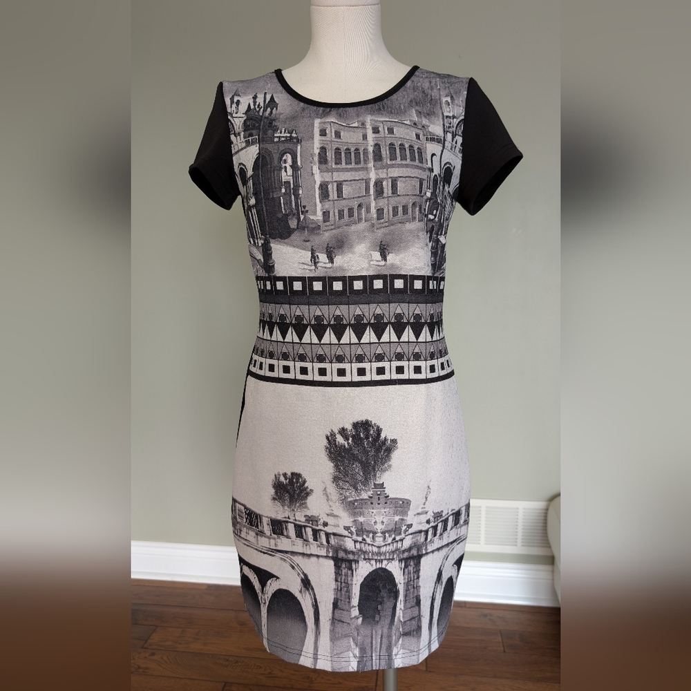 Teaberry Women’s Black White City Print Dress Stretch Sheath Office Size 10
